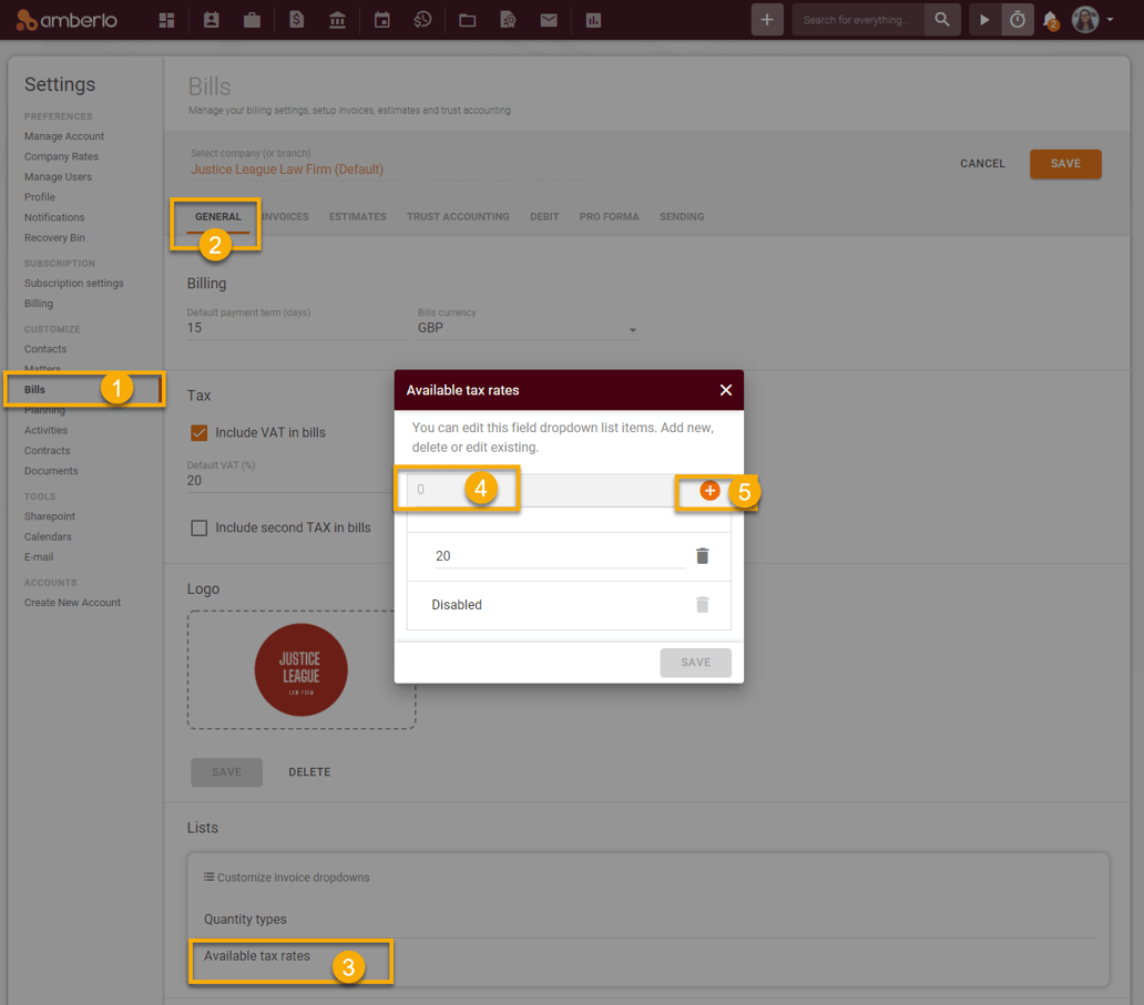 How to set, change or remove Available tax rates for Bills?